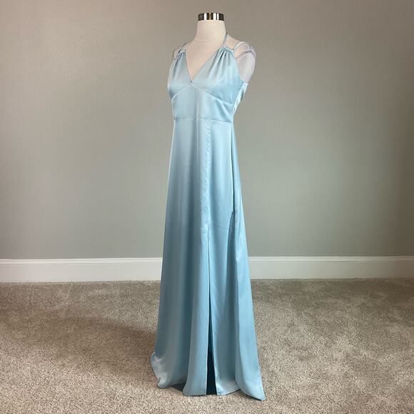 AQUA Satin Cut Out Back A-Line Long Evening Gown Blue Size 10 Formal Dress - Picture 4 of 9